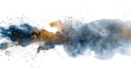 Grey, Blue, Gold colours powder exploding isolated on a transparent background