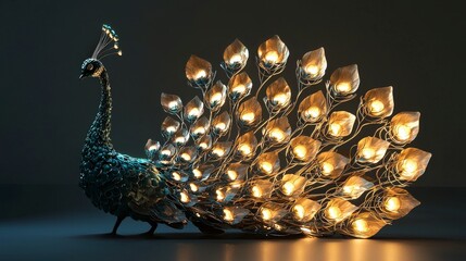 Poster - Illuminated peacock displaying artistry of lotus seeds in a contemporary gallery setting artistic composition elegant design