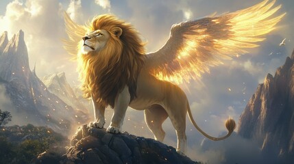 Wall Mural - regal lion with ethereal wings, golden mane flowing in the wind, standing atop a rock overlooking a mystical valley, light streaming from the heavens, powerful and majestic