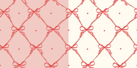 Set of Vector seamless pattern featuring charming fuchsia bows with a loose style on a red vertical stripes background. Girly pattern perfect for bedroom decoration, prints with coquette style.