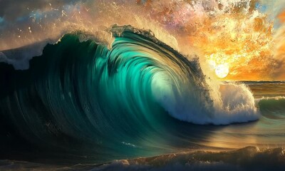 Wall Mural - A vibrant wave crashing against the shore at sunset, showcasing nature's beauty and power.