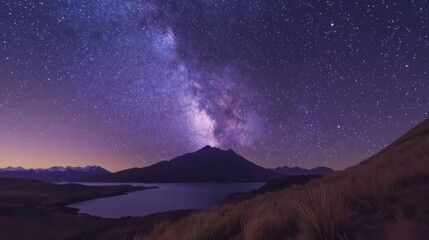 Wall Mural - Majestic Milky Way galaxy over a serene lake and mountain at night.