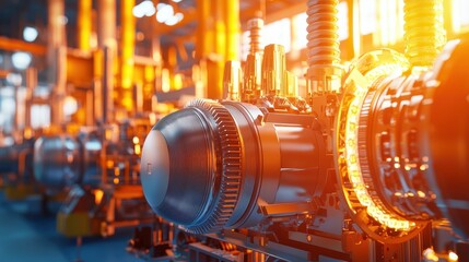 Poster - Industrial Engine Components with Warm Lighting in Workshop Setting