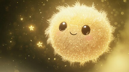 Wall Mural - A small, round, cute and peaceful glowing plush creature, with fur that shimmers in shades of soft gold and pale yellow. She has delicate, star-shaped 