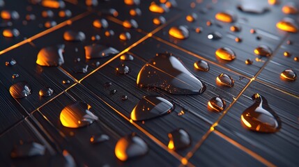 Aufkleber - Close-Up of Raindrops on Dark Surface with Glossy Texture and Light