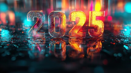 Poster - Glowing 2025 Numbers in Colorful Reflections on Rainy Pavement