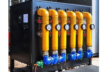 Poster - Industrial Equipment with Yellow Pipes and Pressure Gauges on Display