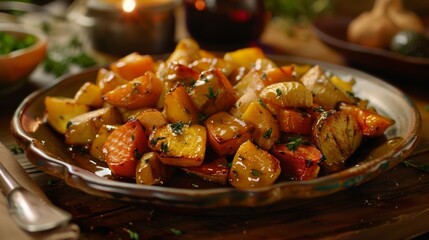 Wall Mural - A tantalizing plate of roasted root vegetables glazed with a drizzle of rich velvety avocado oil.