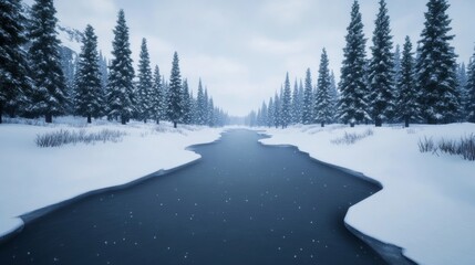 Wall Mural - A frozen river surrounded by snow-covered trees and flurries blowing through the air during an intense snowstorm in a quiet wilderness 