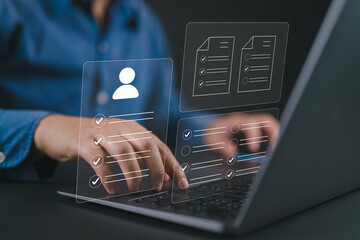 Leinwandbilder - Business and technology concept. Fill out an online employee assessment form. Human resource management, HR, recruitment, leadership and team building.