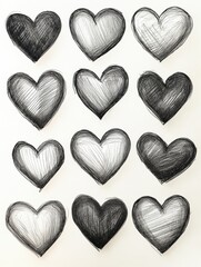 A series of hearts drawn in black and white