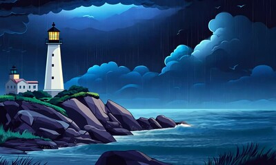 Wall Mural - A stormy seascape featuring a lighthouse, dramatic clouds, lightning, and turbulent waves.