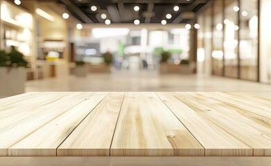 Wall Mural - Empty light wood table top with a blurred kitchen interior background for product display montage