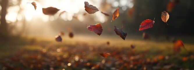 Wall Mural - A forest scene in autumn with golden leaves falling to the ground.