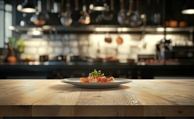 Wall Mural - Empty light wood table top with a blurred kitchen interior background for product display montage