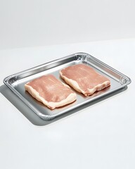 Wall Mural - Two pieces of raw meat on a silver tray, ready for cooking or preparation.