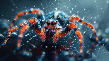 Close-up of a vibrant spider with intricate web and water droplets..