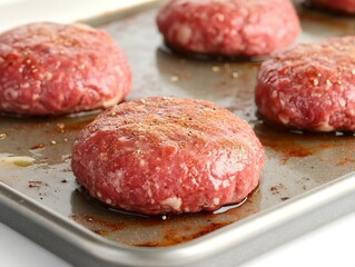 Wall Mural - Raw hamburger patties seasoned and placed on a baking tray, ready for cooking.