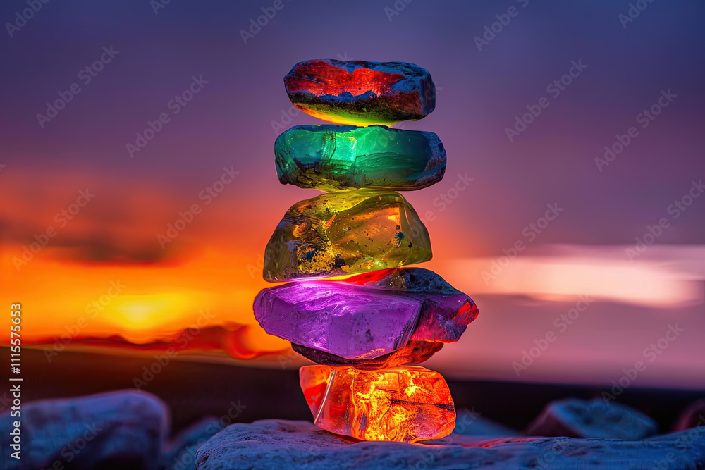 Vibrant stacked agate stones on sunset background. Nature inspiration ...
