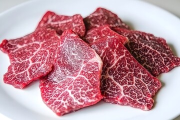 Wall Mural - Slices of marbled raw beef arranged on a plate, ready for cooking or serving.