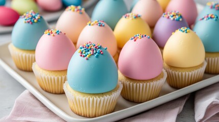 Wall Mural - A tray of Easter egg-shaped cupcakes with colorful frosting and candy sprinkles, surrounded by pastel napkins and Easter figurines 