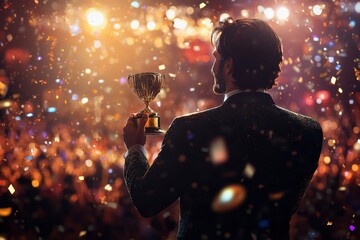 a man is holding a trophy in a crowd of people