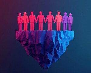 Fototapete - A colorful representation of diverse figures holding hands on a floating rock, symbolizing unity, connection, and support.