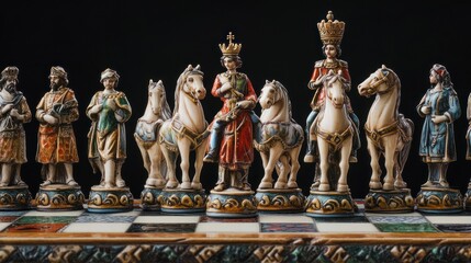 Ornate chess pieces on a board, kings and queens in the center.