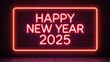 © Dn Uttam - Vector realistic neon sign of the text 'HAPPY NEW YEAR 2025' with glowing effects, surrounded by a bright frame, mounted on a dark brick wall background, illuminated with vibrant colors