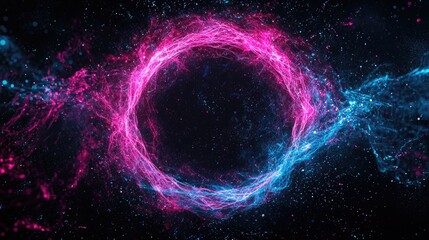 Wall Mural - twisting rotating fluid thin circle of energy , pink blue particles energetic circle on black backgr