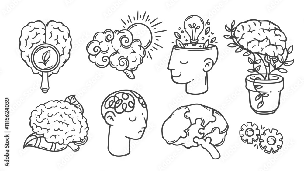 Human brain development, open mind for creative idea line icons set ...