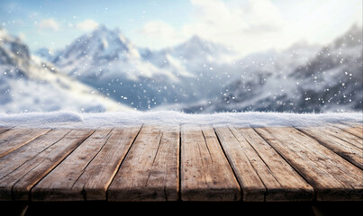 Wall Mural - Empty wooden table, winter mountain landscape with copy space