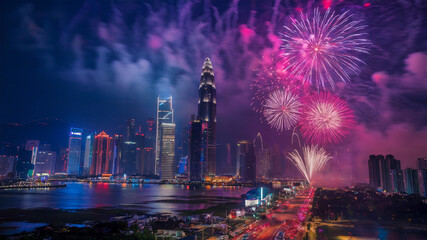 Wall Mural - a view of cityscape during a vibrant fireworks 