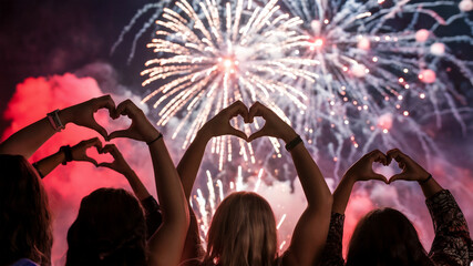 Wall Mural - peoples with their hands raised forming heart shapes against vibrant display of fireworks 