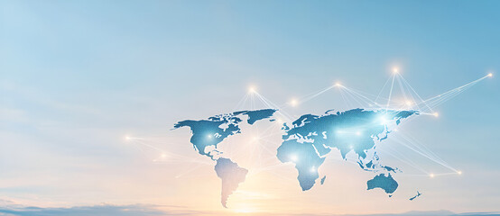 Wall Mural - A light blue background with a digital world map and global network connections, representing the concept of international business or connectivity 