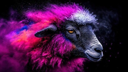 Wall Mural -   Close-up of a sheep with brightly colored powder on its face against a dark background