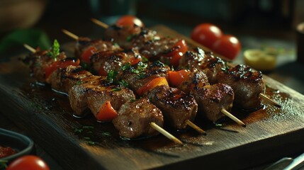 Wall Mural - Wooden cutting board with meat and vegetables