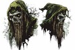 © Kira - Swamp Thing Double Portrait:  A Ghoulish Illustration of Two Undead Swamp Creatures,  Each with  a  Decaying Face and Long,  Moss-Covered Beard.