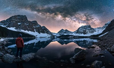 Wall Mural - A serene night landscape with mountains, stars, and a reflective lake.
