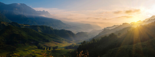 Wall Mural - Banner Beautiful Mountain landscape foggy mountain green landscape morning sunrise. Amazing Landscape mountain green tropical forest tree on sunrise. Banner forest sunlight scenery with copy space