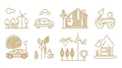 Wall Mural - Eco-friendly lifestyle icons sustainable home, car, energy, nature.