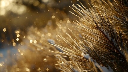 Poster - Frosty pine needles in golden sunlight.