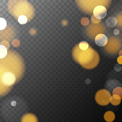 Aufkleber - Gold colored bokeh lights. Vibrant blur light effect. Transparent background. Abstract blurred overlay template. Festive graphic template. Vector illustration.