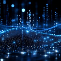 abstract digital wave of binary code particles on dark background, futuristic technology concept