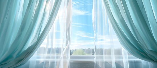 Wall Mural - Sunny day in Winter Park viewed through a window with light blue curtains on the sides and white tulle curtains open in the center, highlighting a vibrant blue sky.