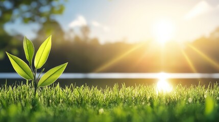 Wall Mural - Sunkissed plant flourishes in verdant grass, a serene nature photograph capturing the essence of growth and tranquility