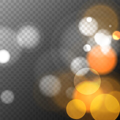 Aufkleber - Gold colored bokeh lights. Vibrant blur light effect. Abstract blurred overlay template. Transparent background. Festive graphic template. Vector illustration.