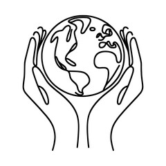 Wall Mural - linear earth in hands isolated on white background. black hand drawn globe in hands. save of planet.