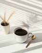 © Javier - Coffee Cup and Golden Spoon on Sunlit Table