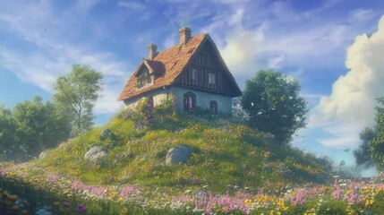 Wall Mural - the beauty of the sky and the house on the hill . seamless looping time-lapse virtual video Animation Background.